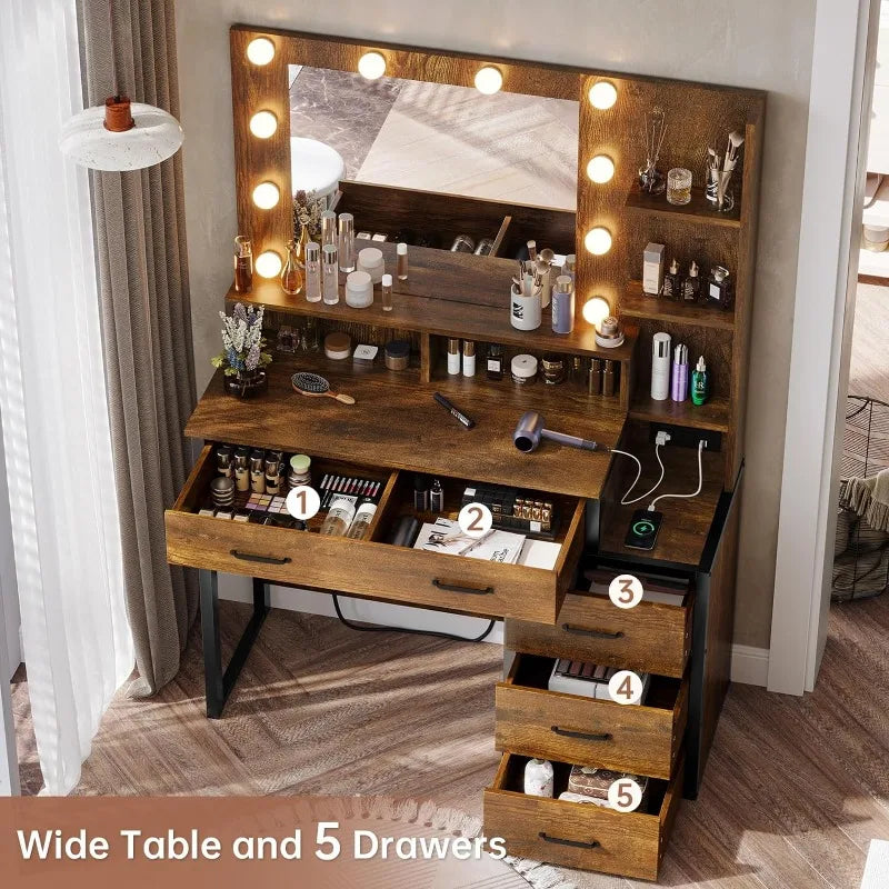 Makeup Vanity with Lights, Charging Station, with 10 Light Bulbs, Mirror & 3 Lighting Modes