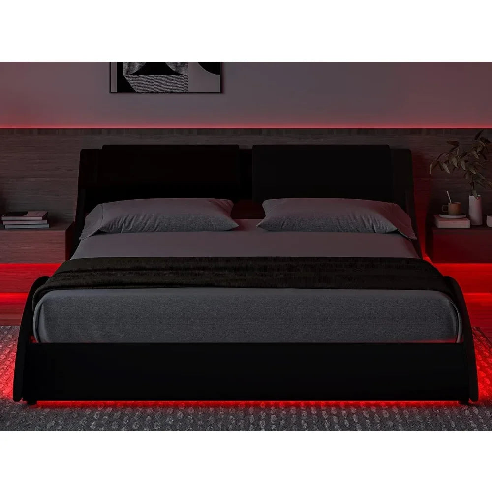 Queen Led Bed Frame Modern Faux Leather