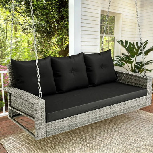 3-Seats Wicker Hanging Porch Swing Chair Outdoor Gray Rattan Patio Swing Lounge 3 Back Cushions