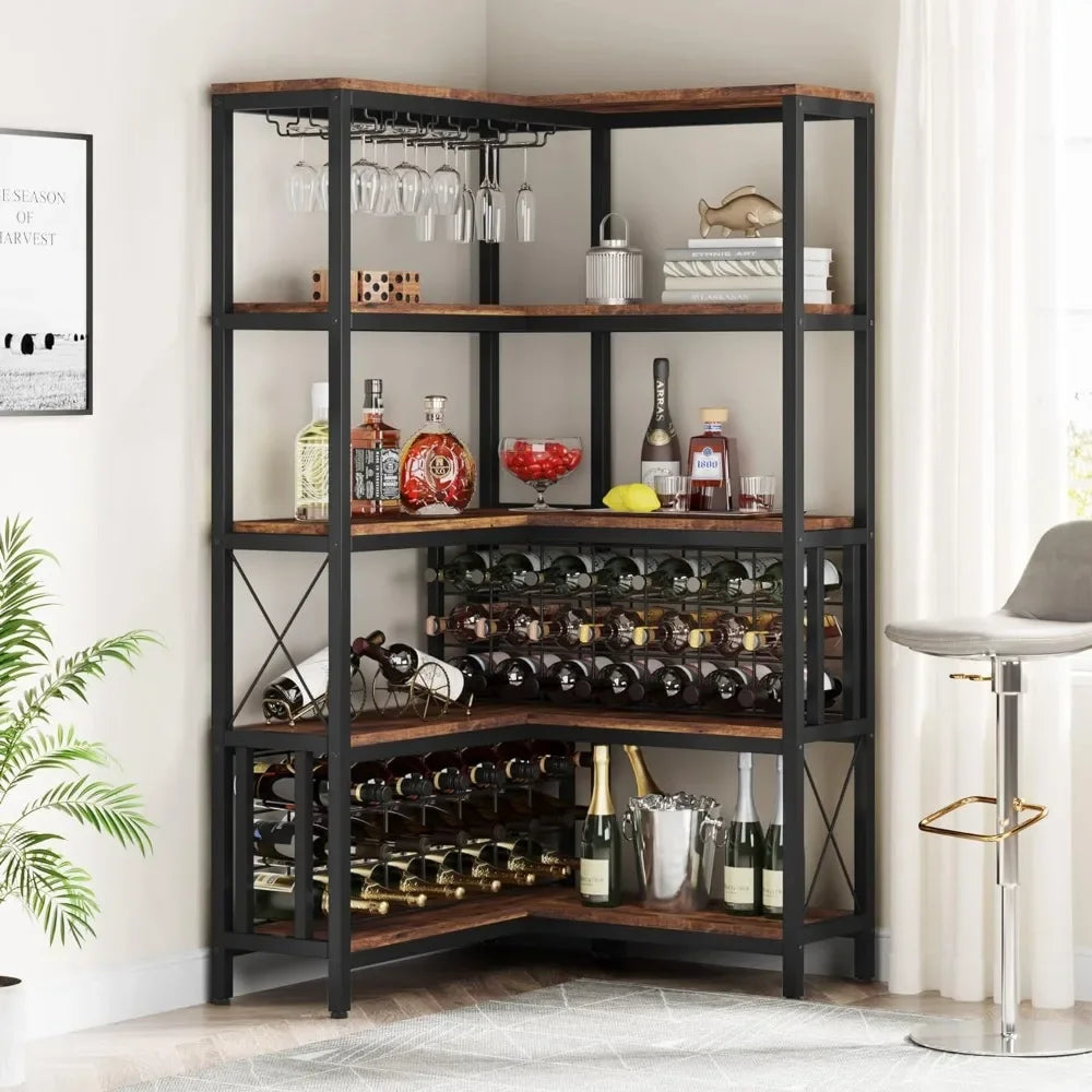 Large Corner Wine Rack, 5Tier L Shaped Industrial Floor Bar Cabinets