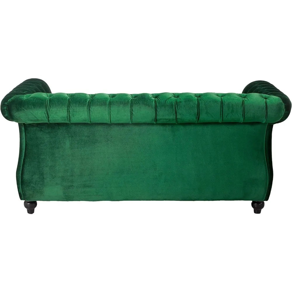 Karen Traditional Chesterfield Loveseat Sofa, Emerald and Dark Brown, 61.75 x 33.75 x 27.75