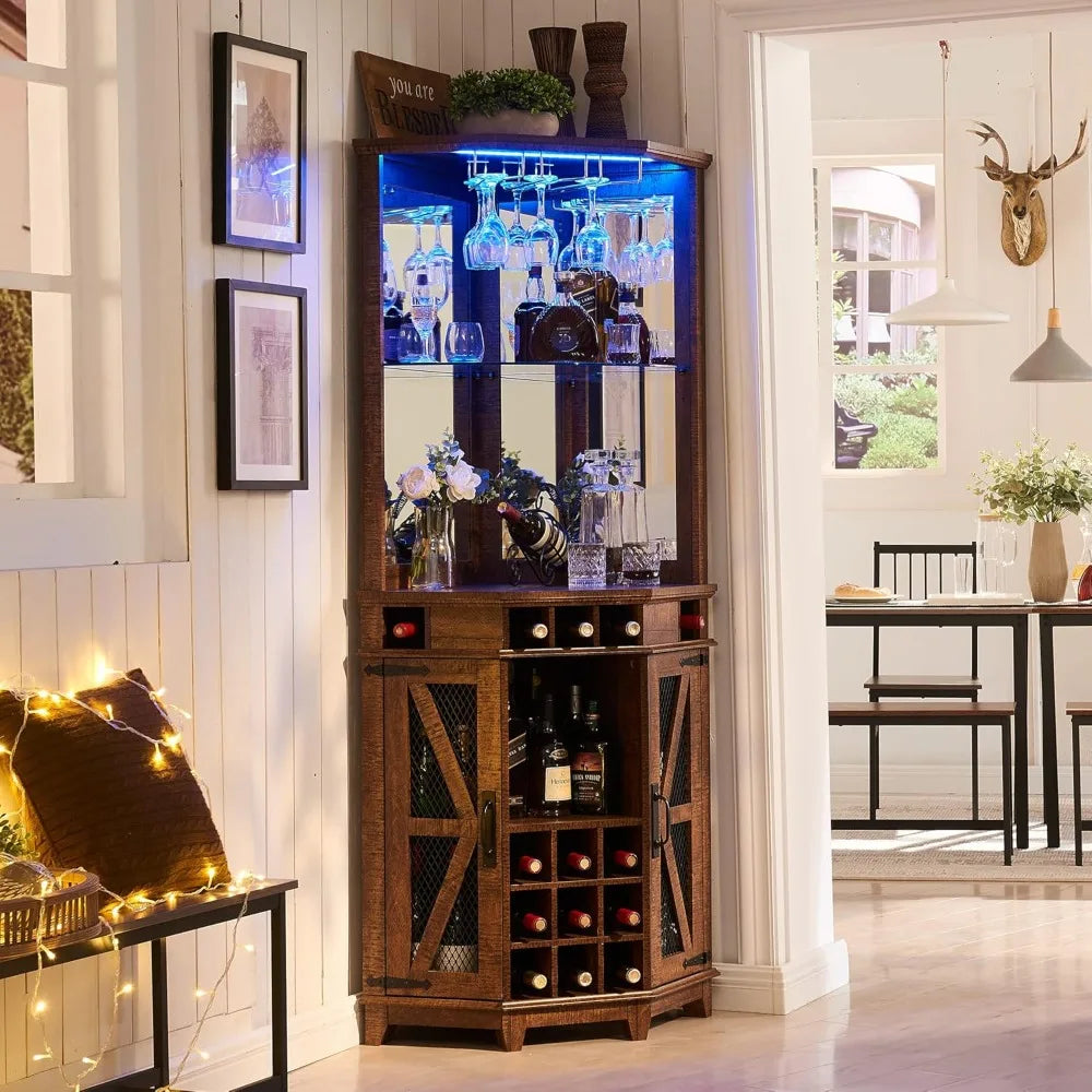 Corner Bar Storage Cabinet, 72" Tall Farmhouse Wine Bar Cabinet w/Barn Door & Adjustable Shelf