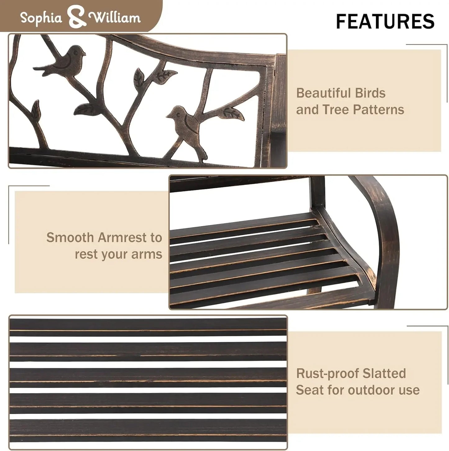 Sophia & William Outdoor Porch Bench, Bronze