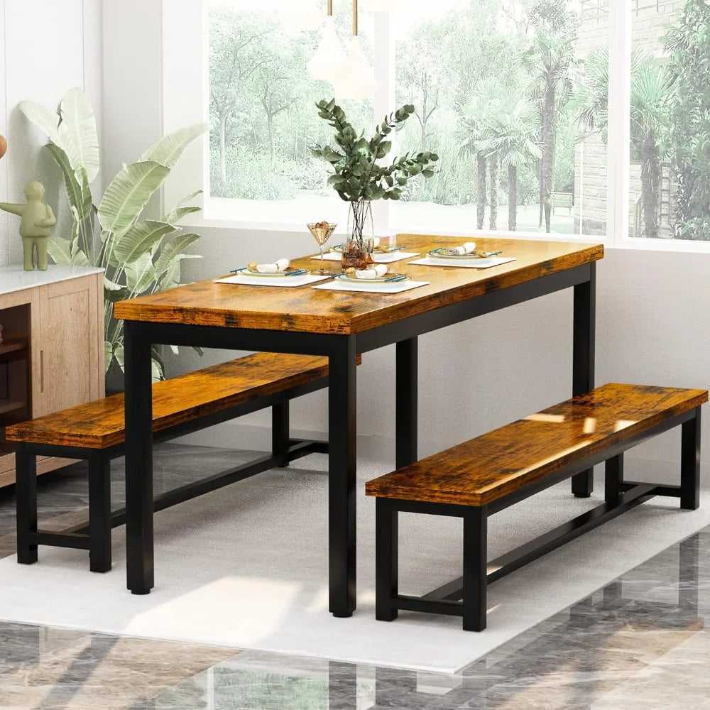 Dining Room Table Set, Kitchen Set with 2 Benches