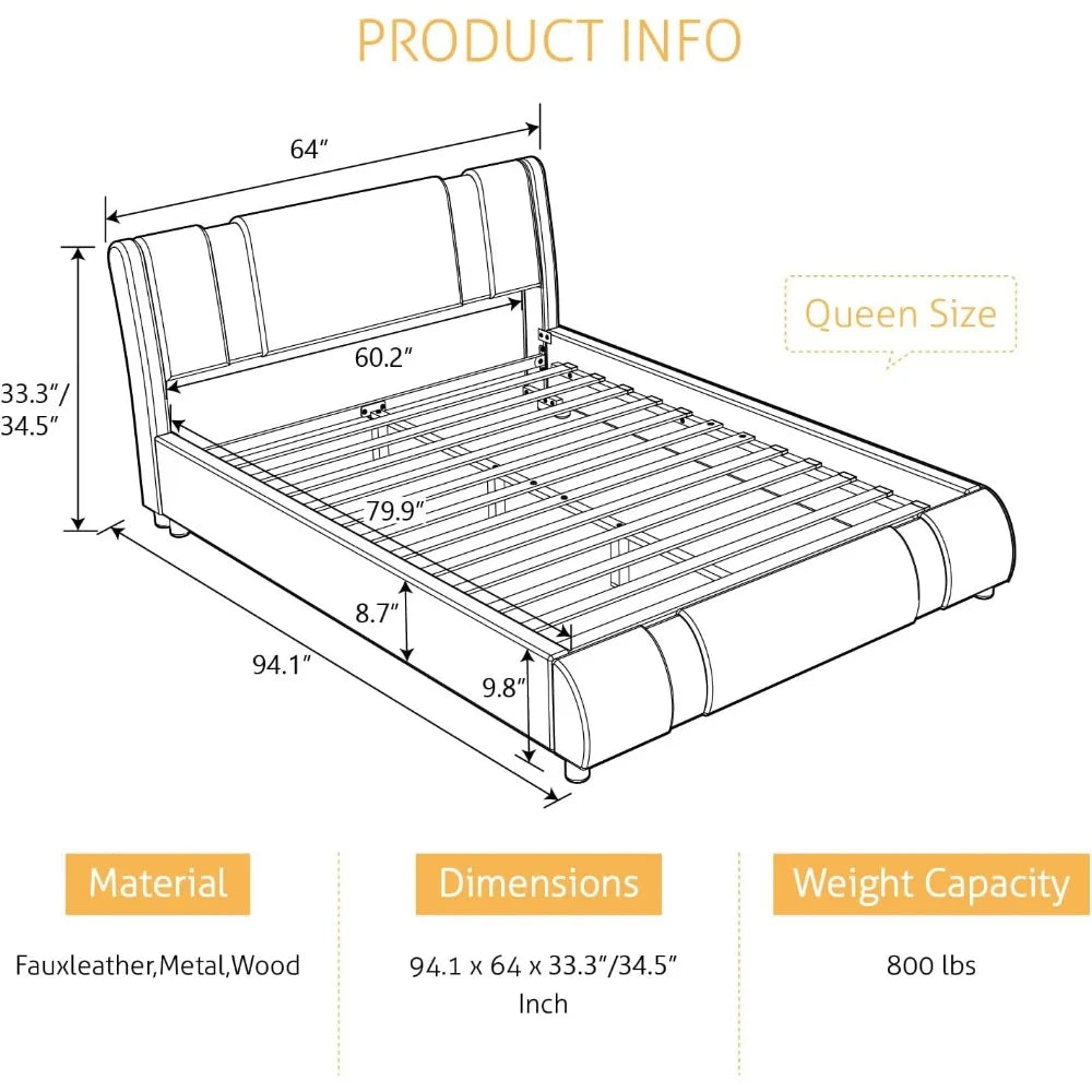 Modern Faux Leather Queen Bed Frame with Adjustable Headboard and Iron Accents