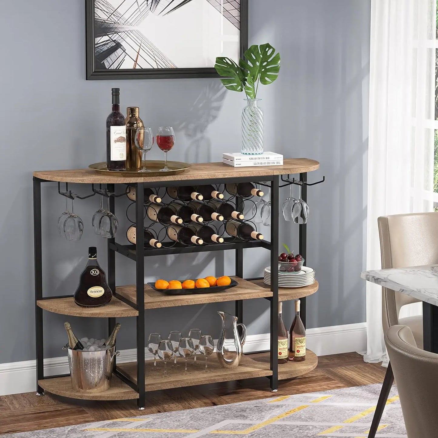 Wine Rack Table, 47 Inch Industrial Wine Bar Cabinet with Storage