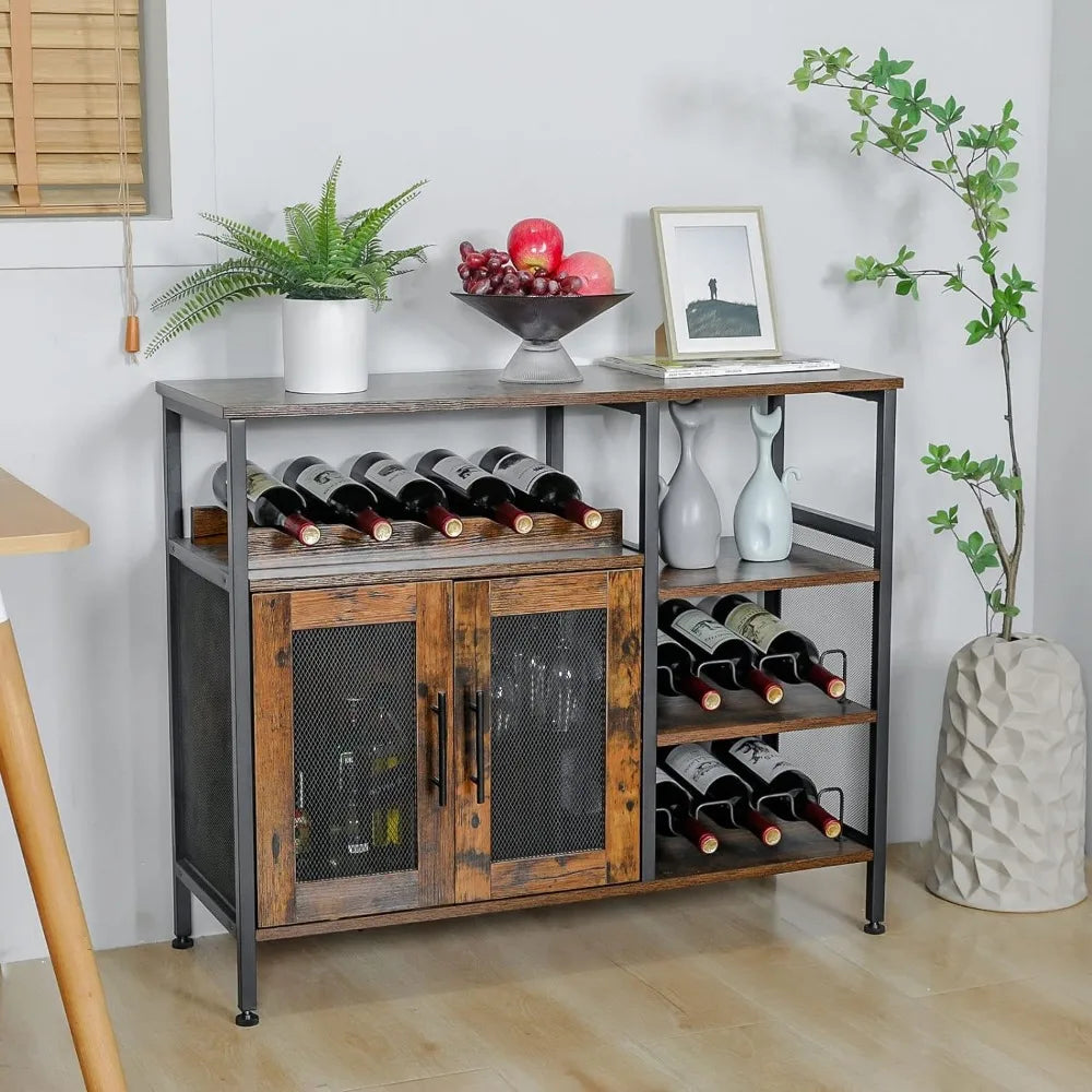 Wine Bar Cabinet with Glass Holder and Mesh Door