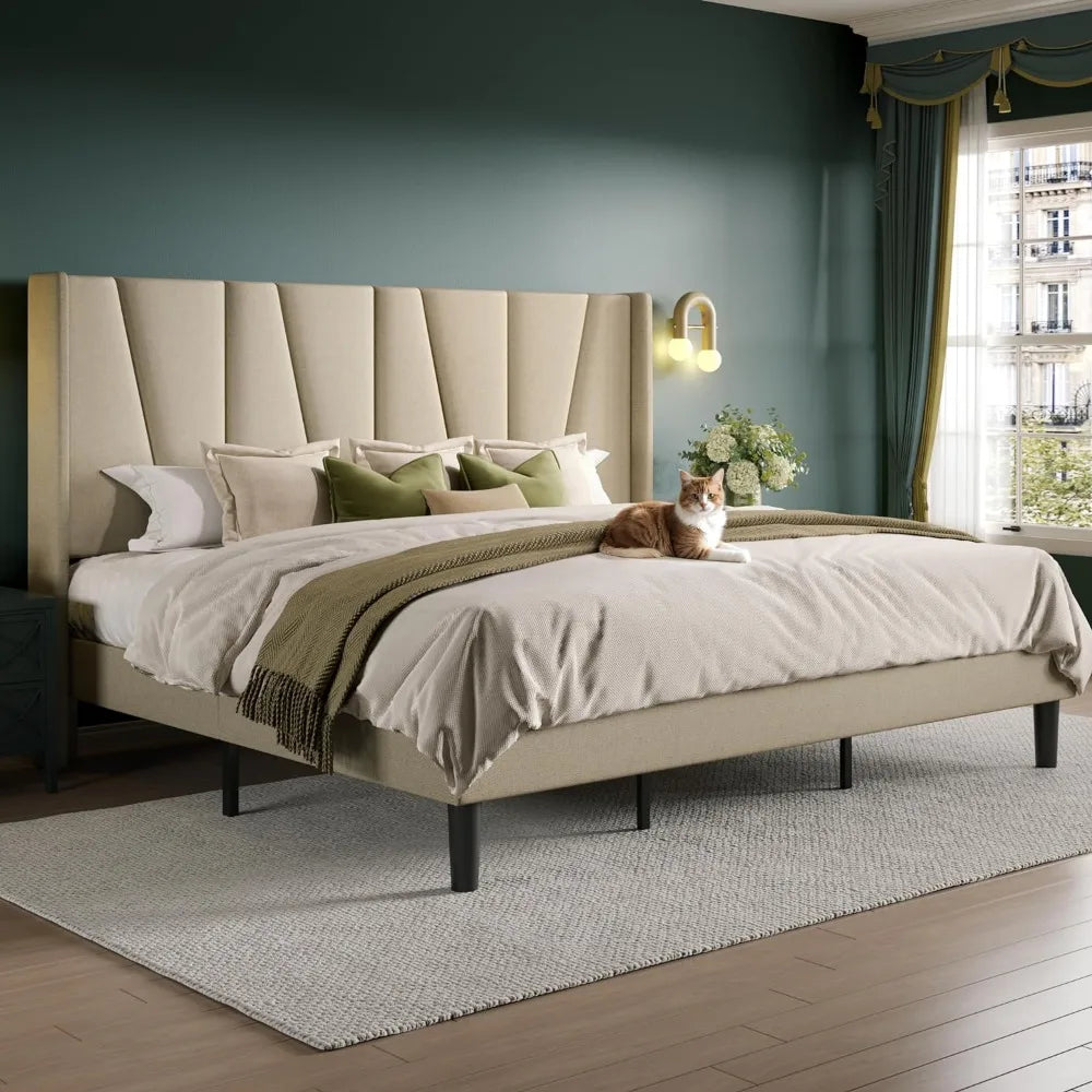 Bed Frame with Geometric Wingback Headboard