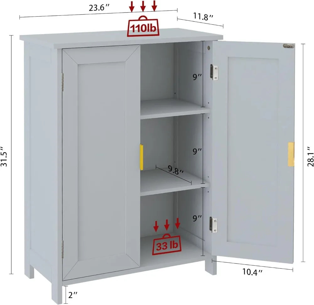 Grey Bathroom Storage Cabinet Freestanding with 2 Doors