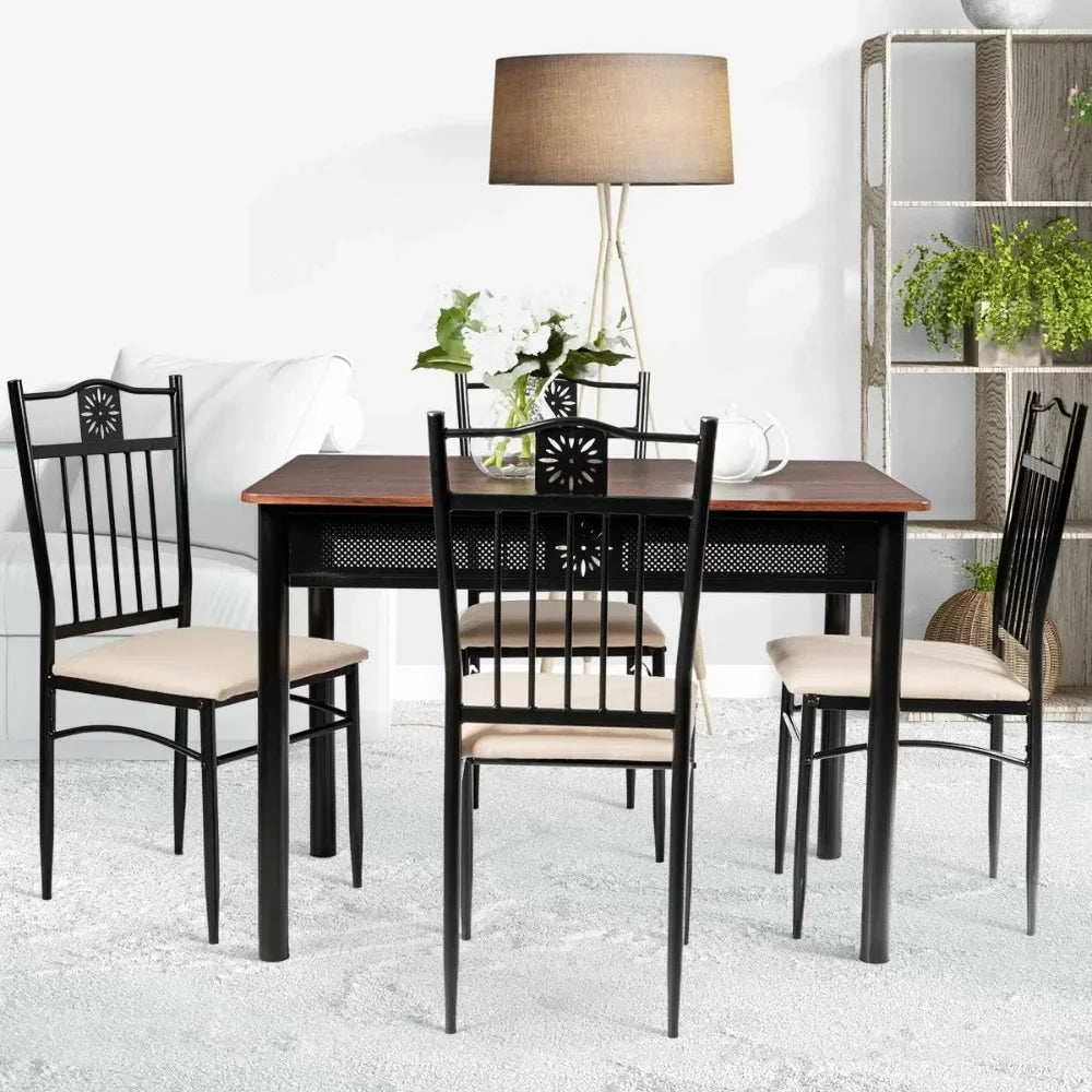 5 Piece Dining Table and Chairs Set Vintage Wood Top Metal Frame