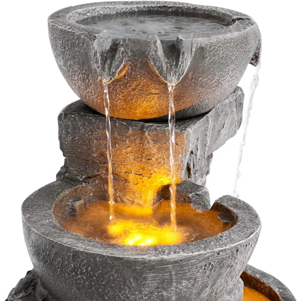 LED Outdoor Water Fountain, 4 Cascading Bowls and Stacked Stones