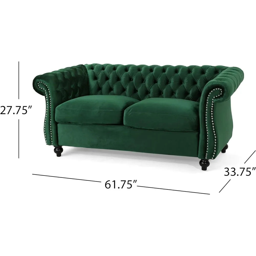 Karen Traditional Chesterfield Loveseat Sofa, Emerald and Dark Brown, 61.75 x 33.75 x 27.75