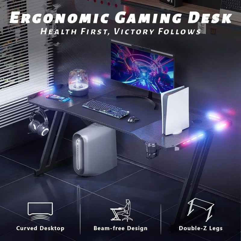 47 Inch Gaming Desk with LED Lights Carbon Fiber Surface