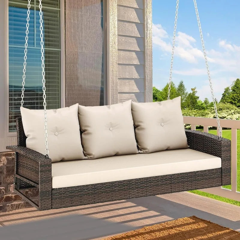 3-Seats Wicker Hanging Porch Swing Chair Outdoor Gray Rattan Patio Swing Lounge 3 Back Cushions