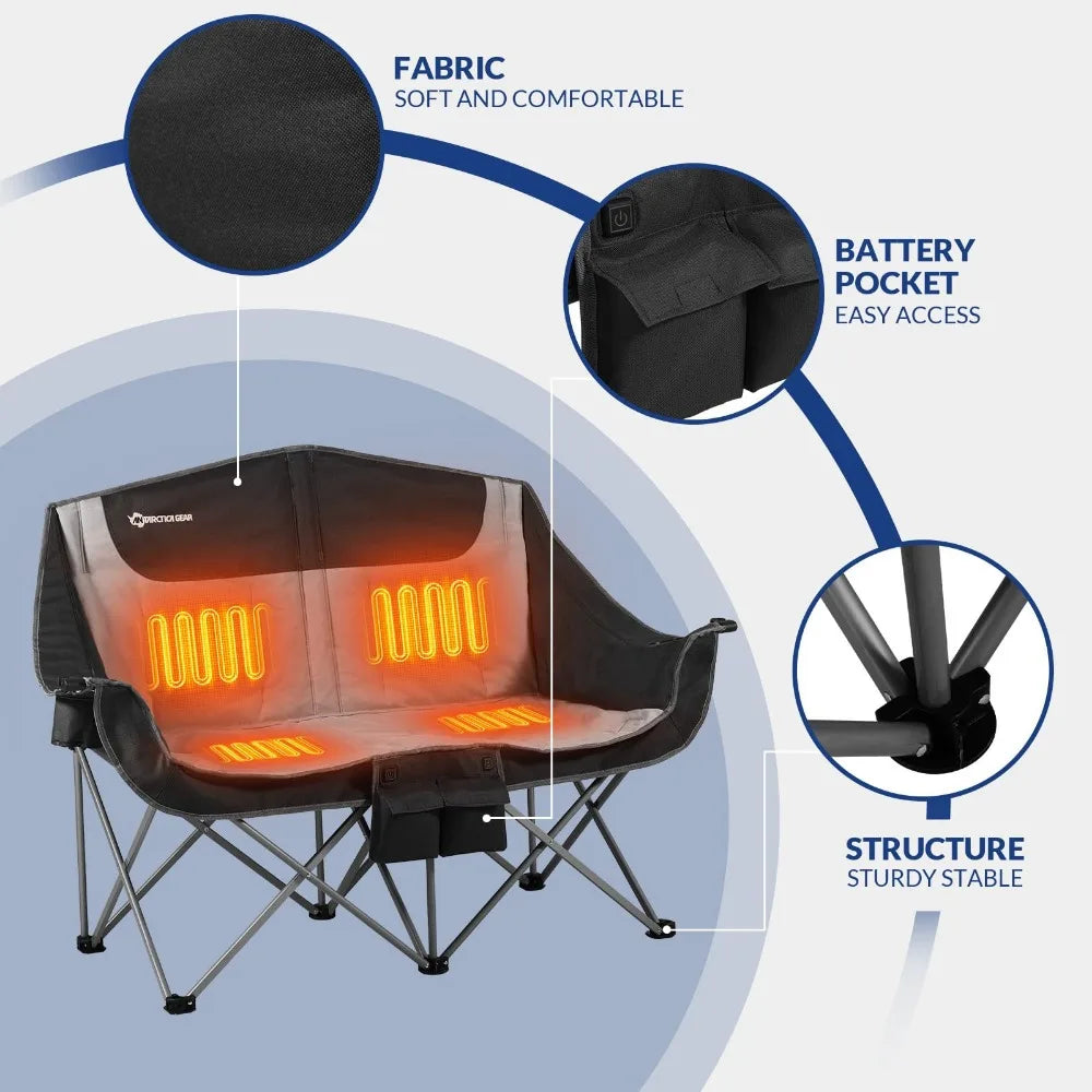 Heated Double Camping Chair, 2-Person Folding Chair with 12V 16000mAh Battery Pack