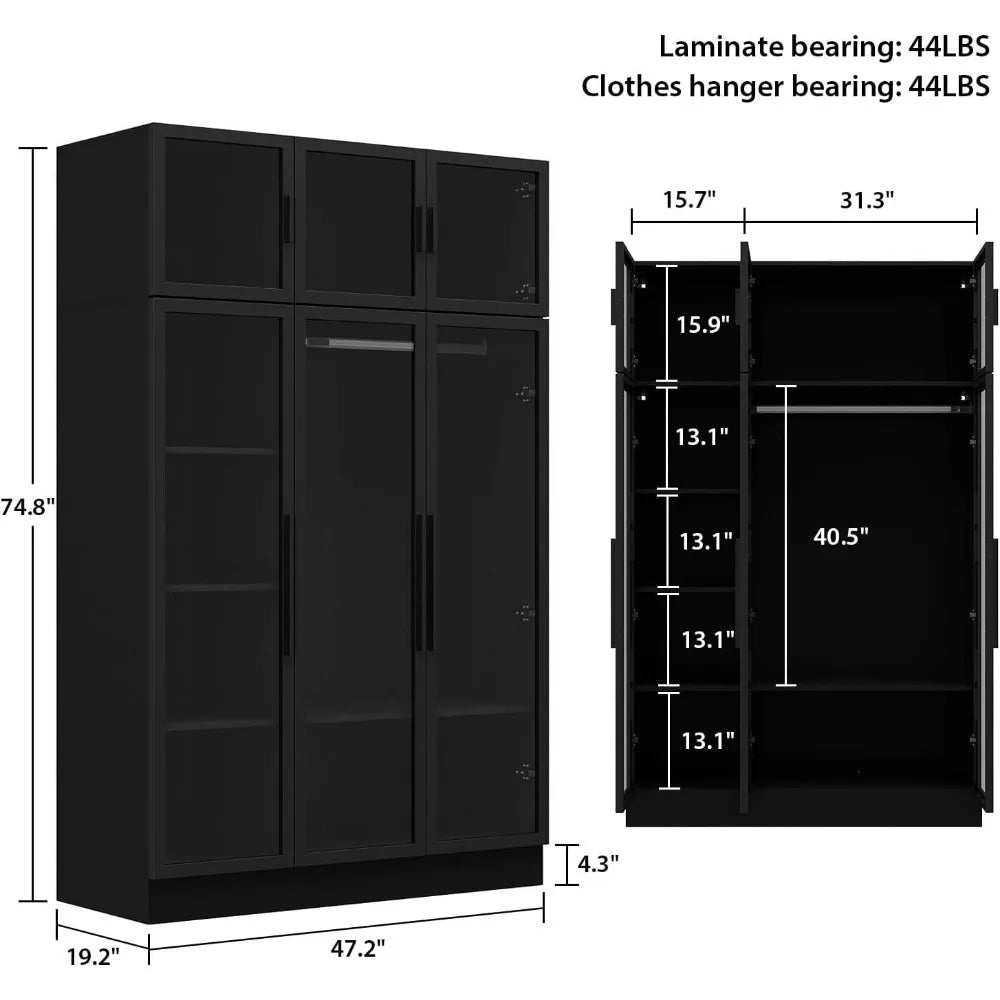 Illuminated Glass Wardrobe Closet with Shelves and Hanging Rod