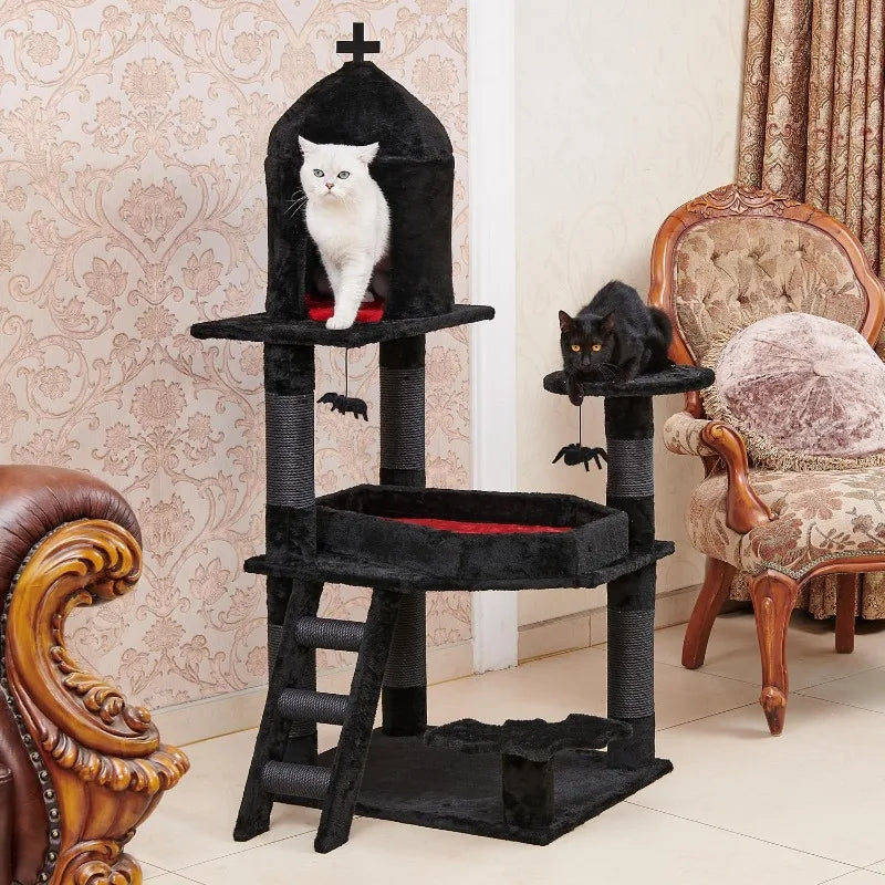 Cat Tree w/ Coffin Bed，55" Cat Tower w/ Spacious Cat Condo & Scratching Posts