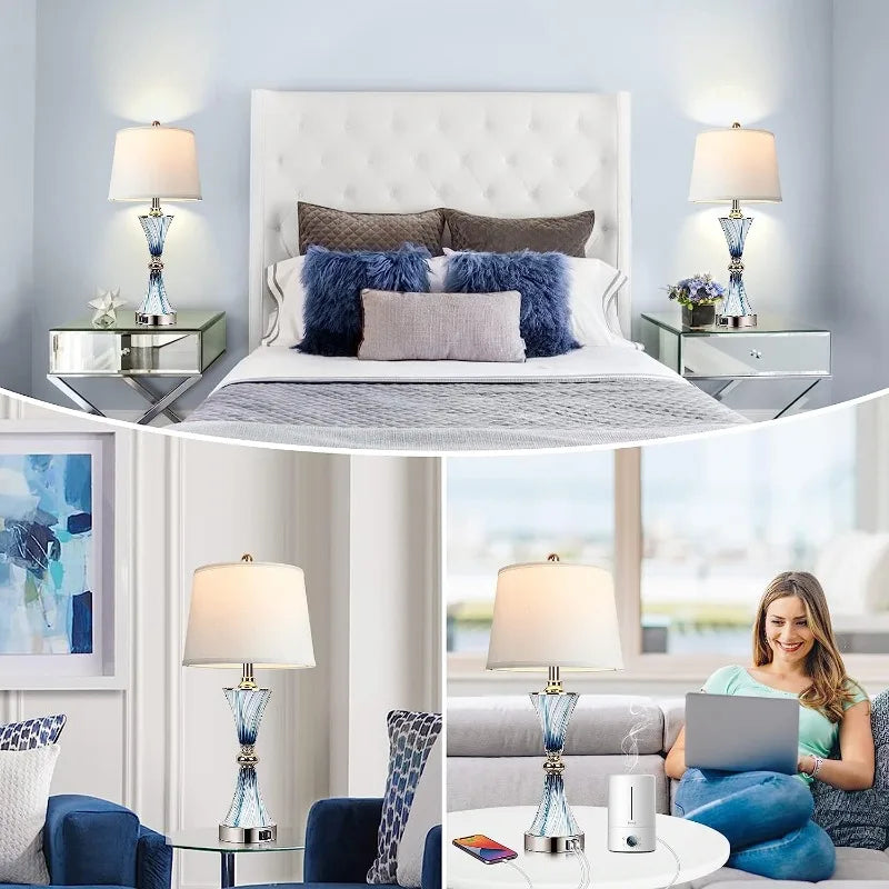 Set of 2 Blue Glass Table Lamps for Bedrooms with 2 USB ports 3-Way Dimmable