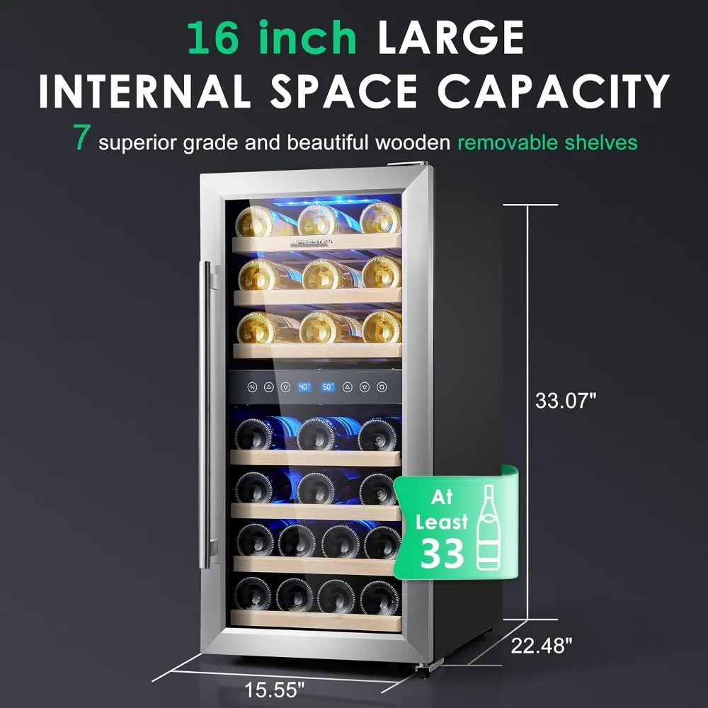 Wine Cooler Refrigerator 16 inch 33 Bottles Dual Zones Mini Fridge, Auto Defrost, Temperature Memory