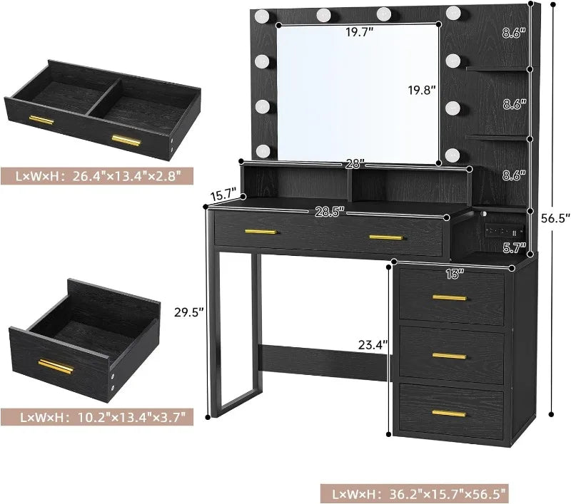 Makeup Vanity with Lights, Charging Station, with 10 Light Bulbs, Mirror & 3 Lighting Modes