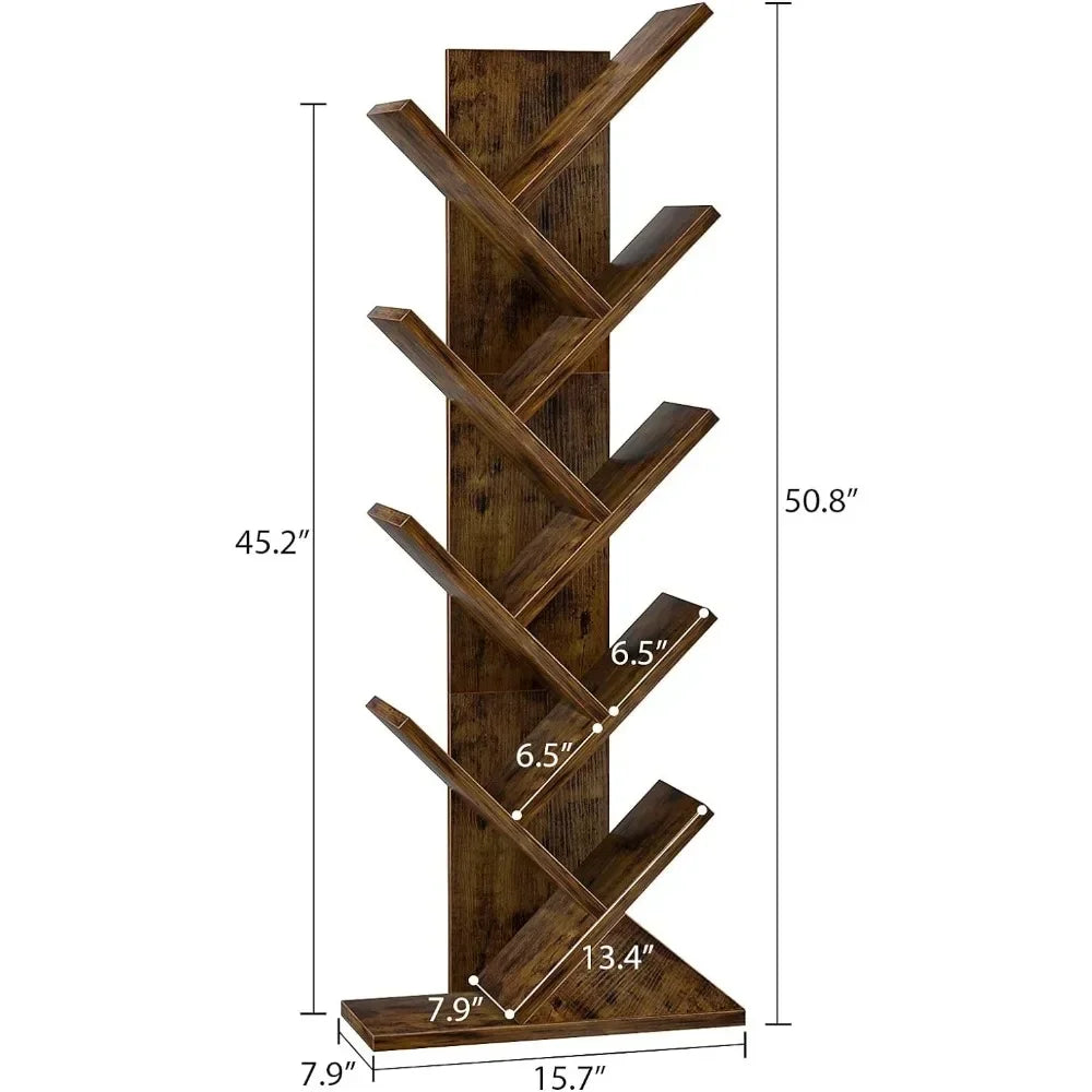 Tree Bookshelf, 9-Tier Shelf  Bookcase, Retro Wood Storage Rack