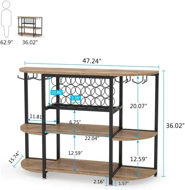 Wine Rack Table, 47 Inch Industrial Wine Bar Cabinet with Storage