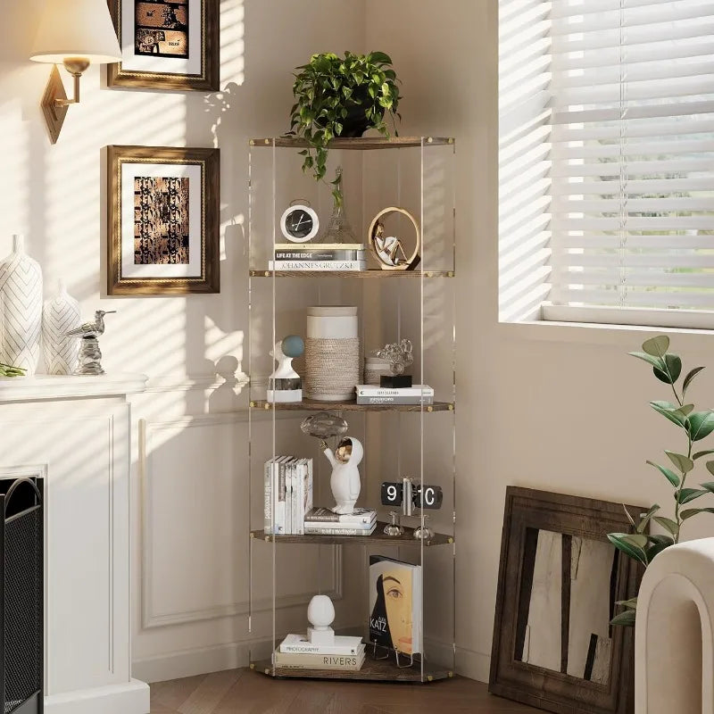 5 Tier Corner Shelf, Open Corner Display Shelf, Corner Bookcase, Freestanding Bookshelf