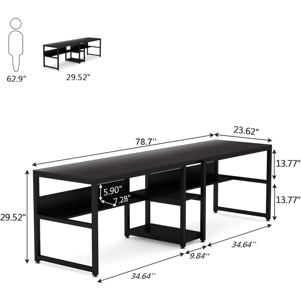 78.7" Two Person Writing Desk with Bookshelf for Home Office