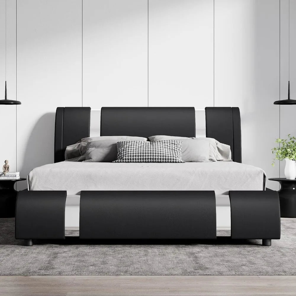 Modern Faux Leather Queen Bed Frame with Adjustable Headboard and Iron Accents