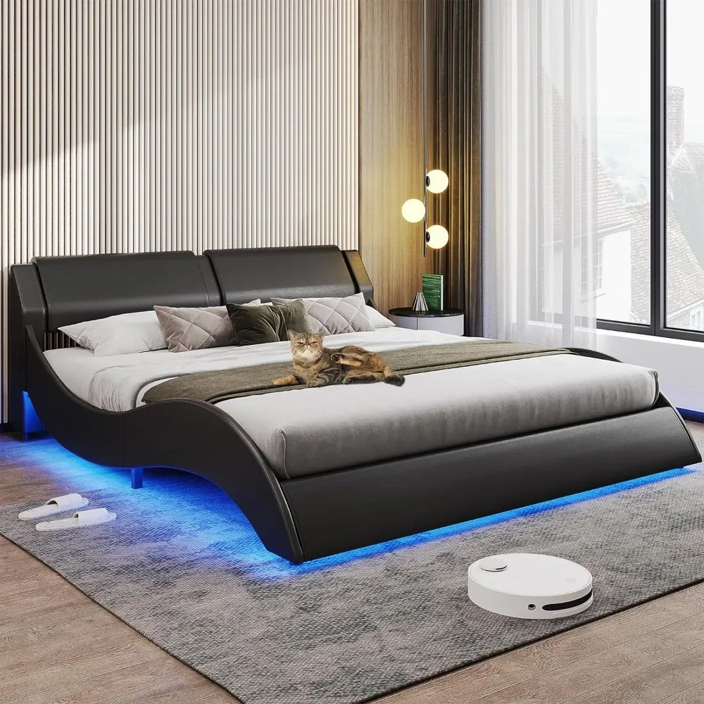 Queen Led Bed Frame Modern Faux Leather