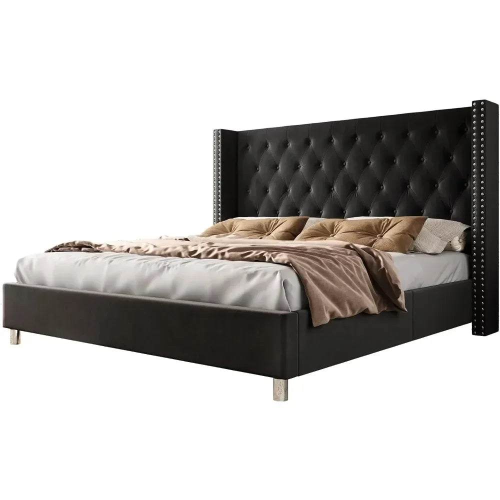 Upholstered Velvet Low Profile Platform Beds with Raised Wingback Headboard