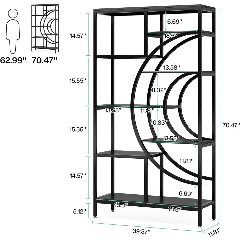 71 inches Bookcase Set, Industrial 8-Tiers Bookshelves with Circle Metal Frame