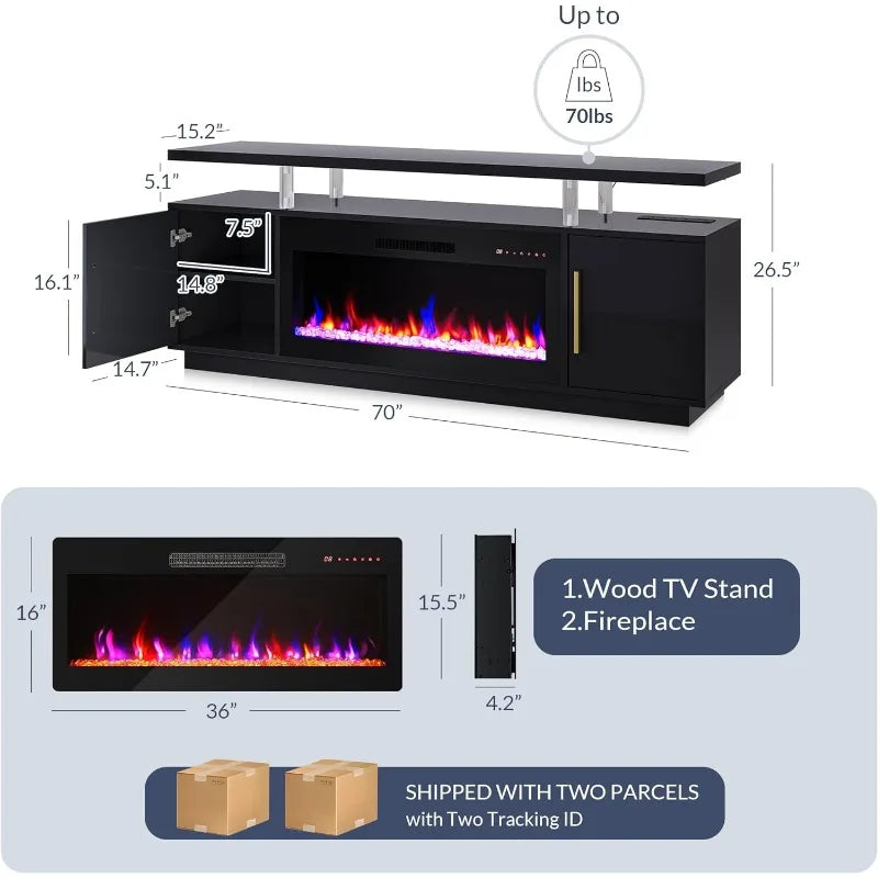 70" TV Stand for TVs up to 75", LED Light Entertainment Center with 36" Electric Fireplace Heater