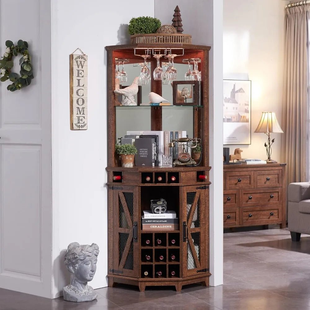 Corner Bar Storage Cabinet, 72" Tall Farmhouse Wine Bar Cabinet w/Barn Door & Adjustable Shelf