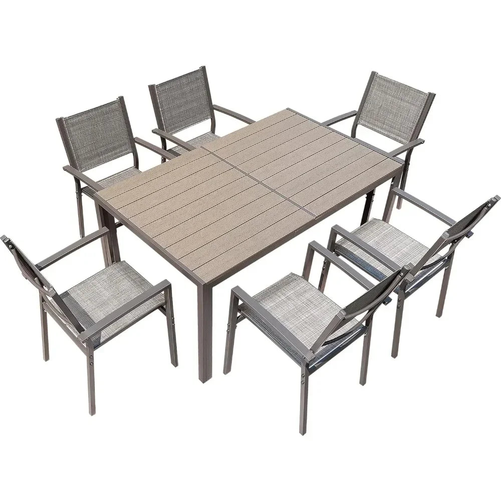 7 Piece Terrace Dining Outdoor Furniture Set with Weatherproof Table and 6 Stackable Chairs for Garden