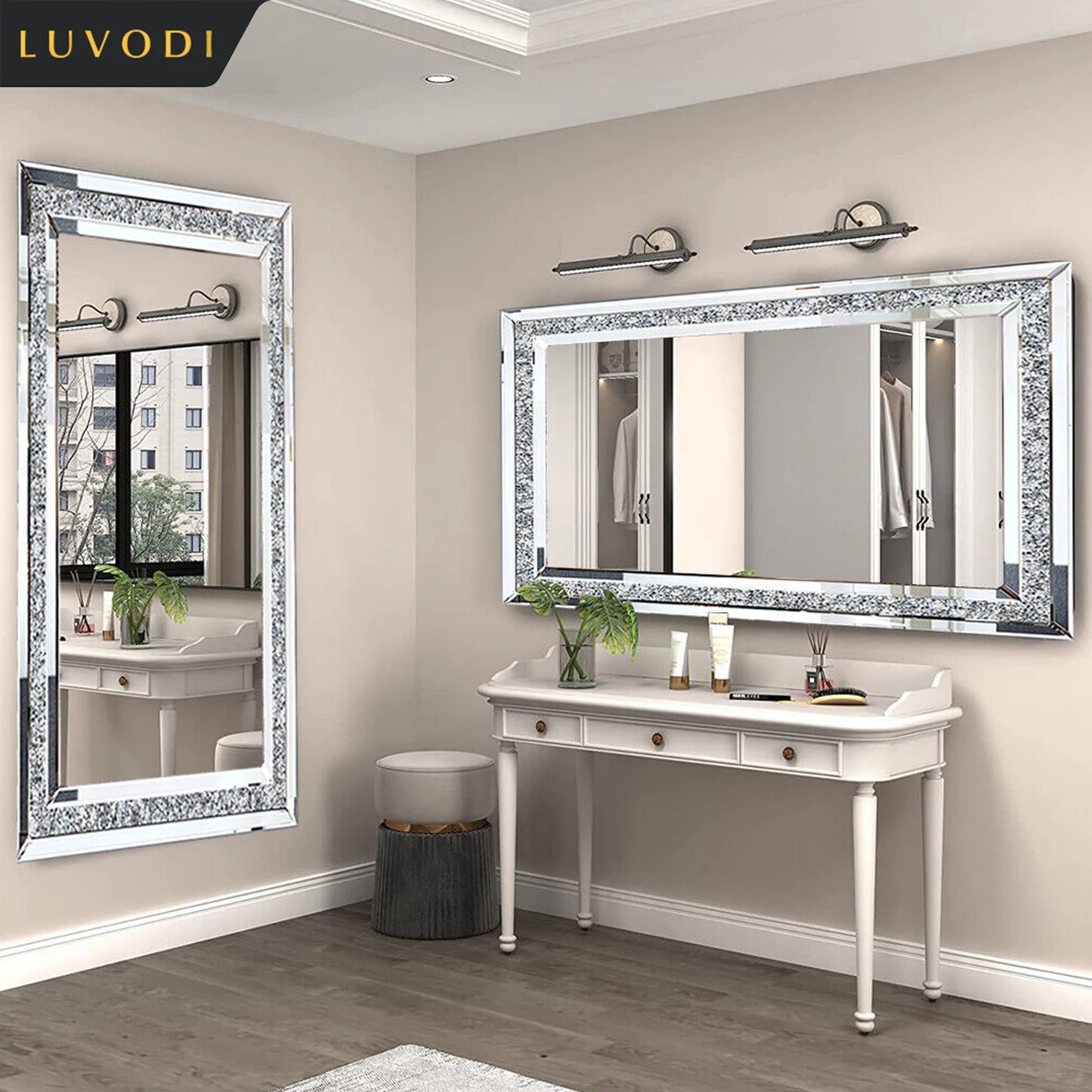 LUVODI Large Silver Sparkly Crystal Rhinestone Diamond Frameless Vanity Mirrors