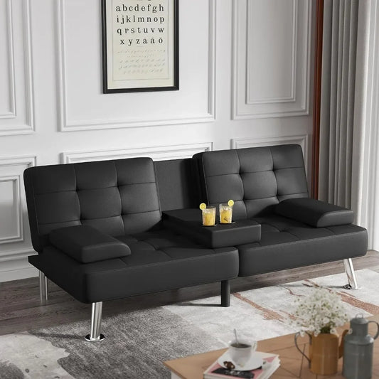 Sofa Bed Modern Faux Leather Couch with cupholders