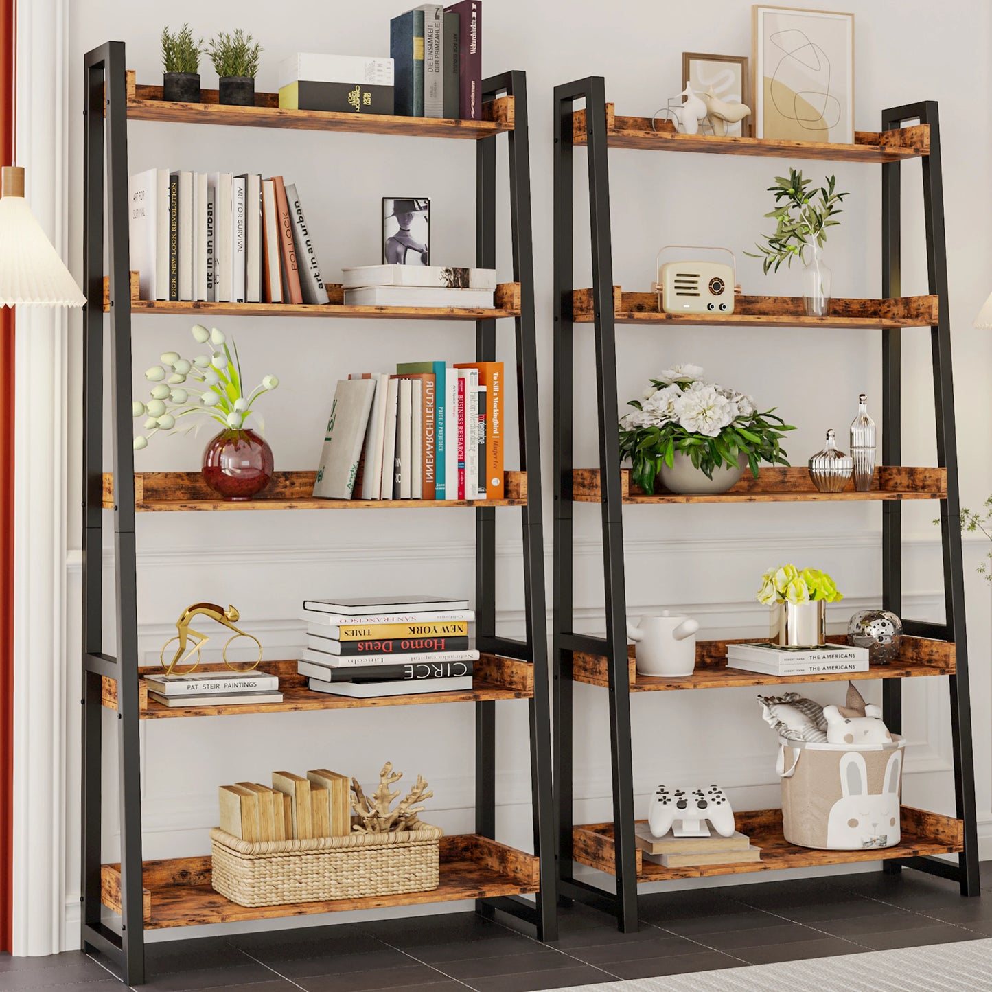 IRONCK Industrial Bookshelf 5-Tier 31.5in Wide, Ladder Shelves