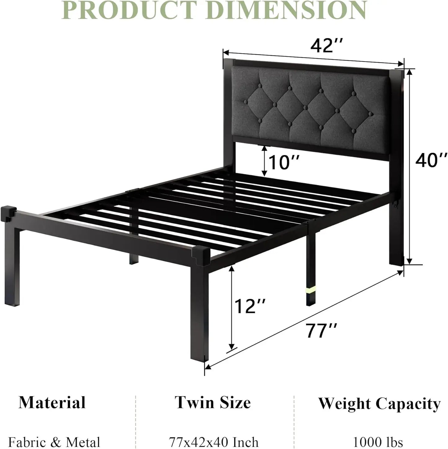 Twin Size Metal Bed Frame with Linen Upholstered Headboard