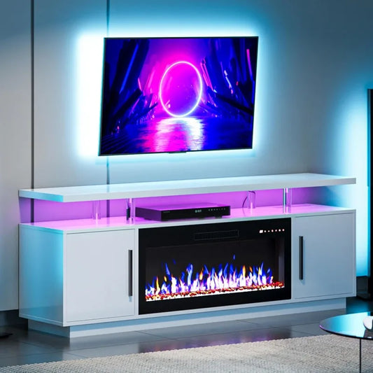 70" TV Stand for TVs up to 75", LED Light Entertainment Center with 36" Electric Fireplace Heater