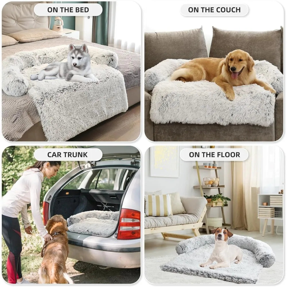 Calming Dog Bed Fluffy Plush Dog Mat for Furniture Protector with Removable Washable Cover