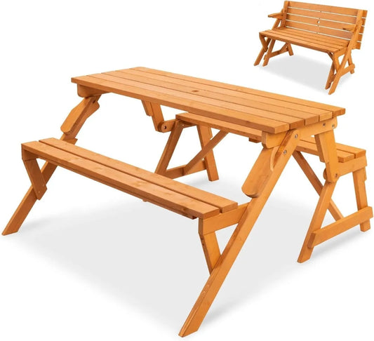 2-in-1 Transforming Interchangeable Outdoor Wooden Picnic Table Garden Bench for Backyard