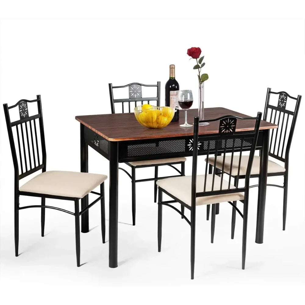 5 Piece Dining Table and Chairs Set Vintage Wood Top Metal Frame