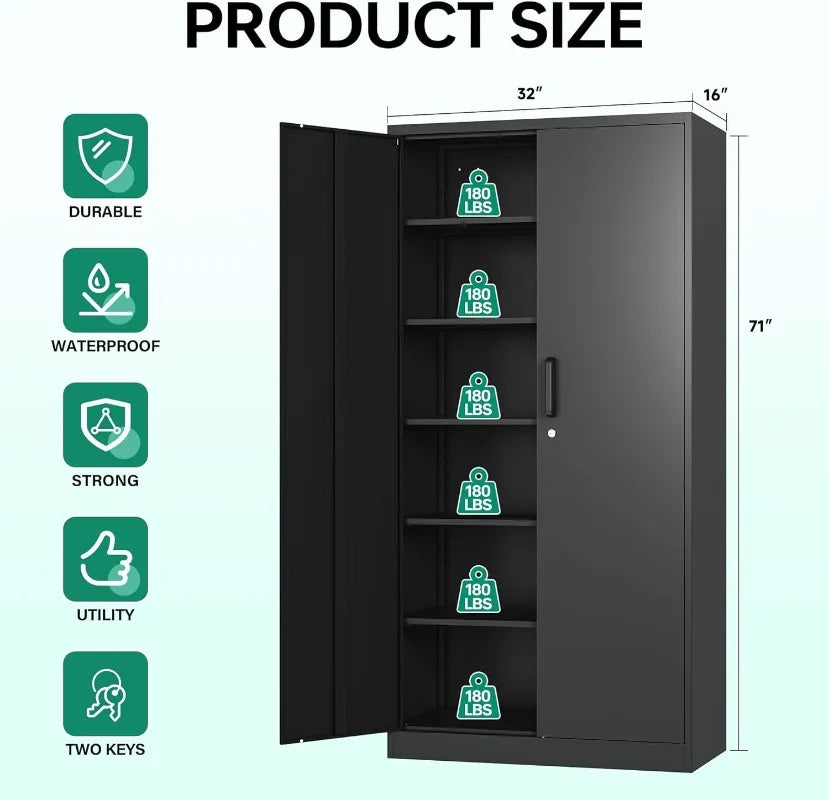 Tall Metal Storage Cabinet with Lock, Adjustable Shelves, Multi-Color Options