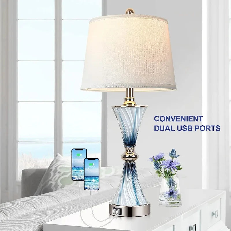 Set of 2 Blue Glass Table Lamps for Bedrooms with 2 USB ports 3-Way Dimmable