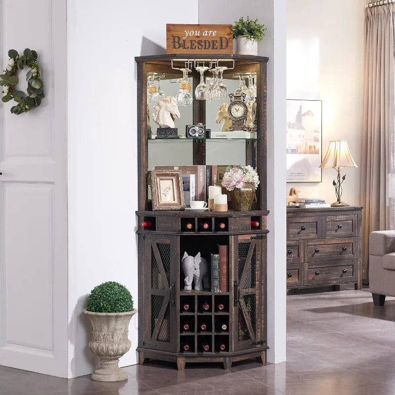 Corner Bar Storage Cabinet, 72" Tall Farmhouse Wine Bar Cabinet w/Barn Door & Adjustable Shelves, w/LED Lights