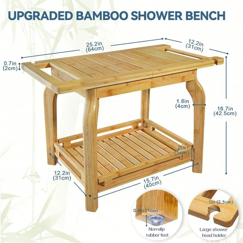 2-Tier Bamboo Shower Bench for Inside Shower Shaving Legs, 16 Inch Waterproof Bathroom Bench Shower Stool with Storage Shelf,