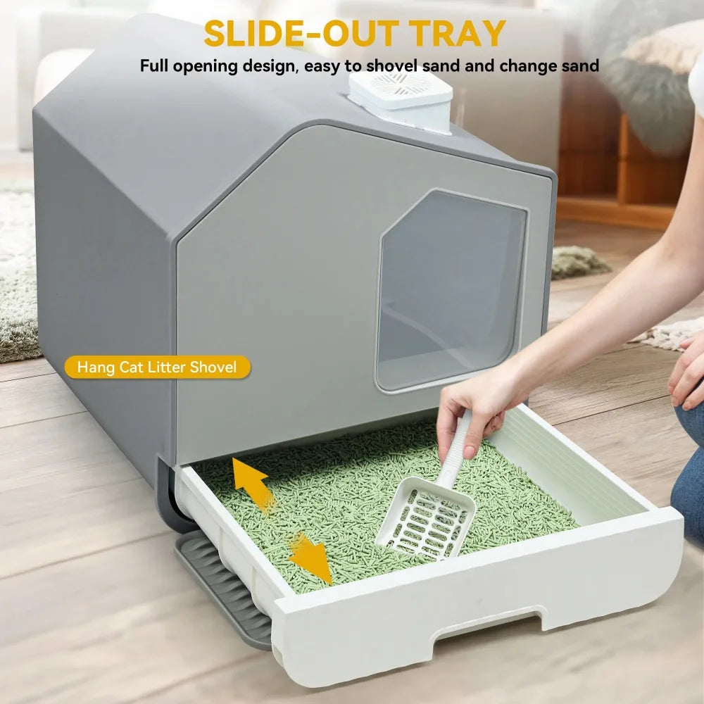 Extra Large Enclosed Cat Litter Box with Mat and Scoop