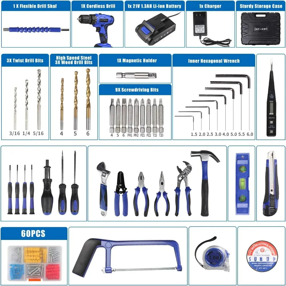 21V Tool Set with Drill, 350 in-lb Torque, 0-1350RMP Variable Speed