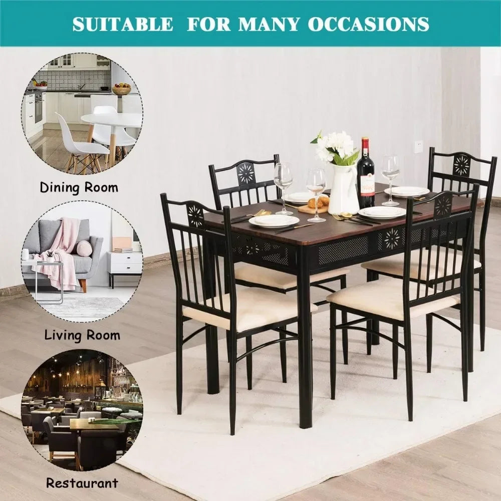 5 Piece Dining Table and Chairs Set Vintage Wood Top Metal Frame